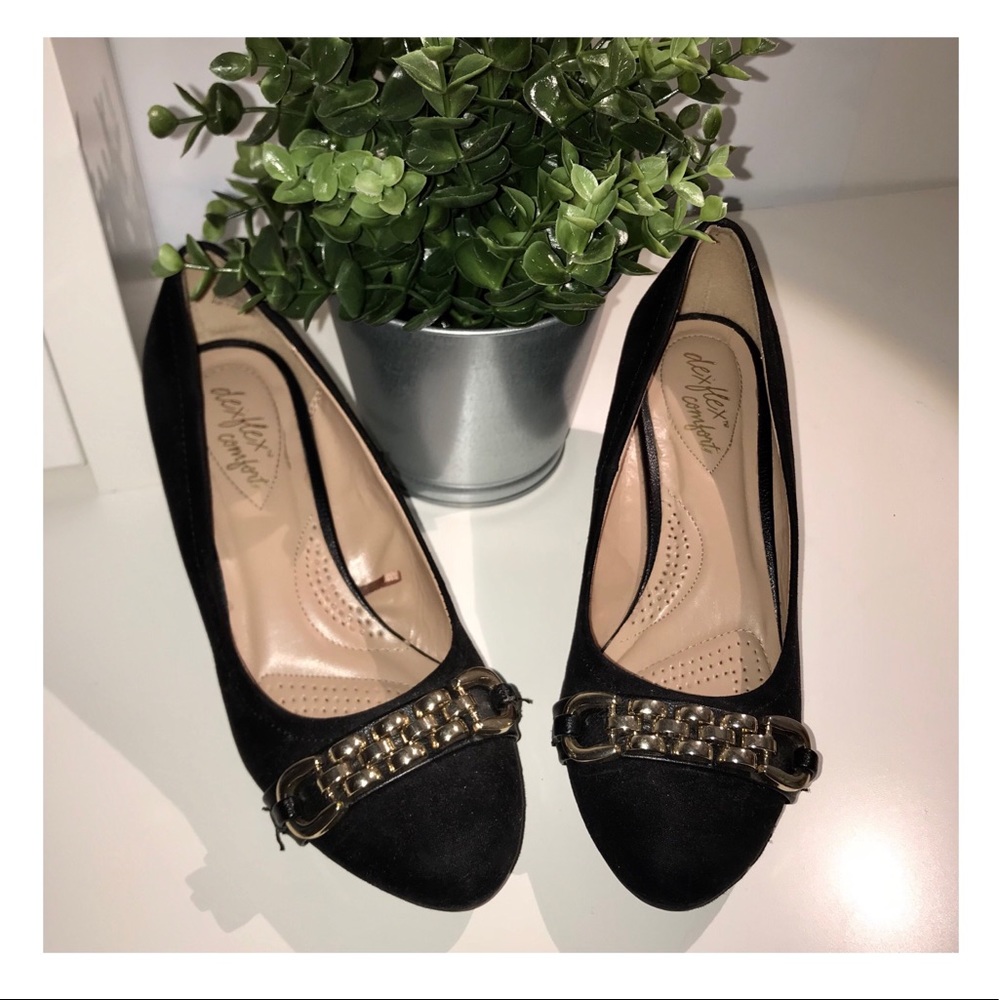 black suede with gold chain wedges